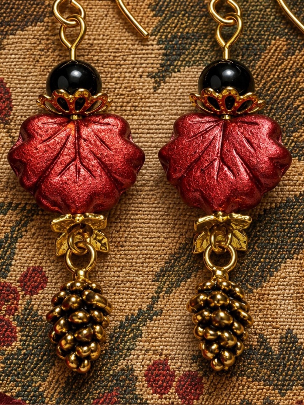 Red Czech Glass Leaf & Golden Pinecone Earrings, Fall Artisan Dangles